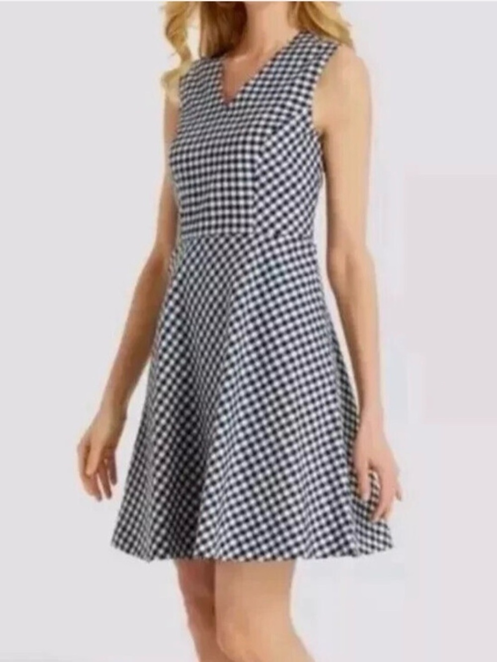 Draper James Navy Gingham Fit & Flare Dress – Sleeveless V-Neck, Size 6